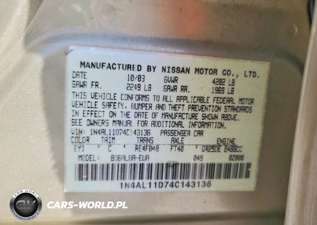 2004 Nissan Altima 2.5 VIN:1N4AL11D74C143136 - 12