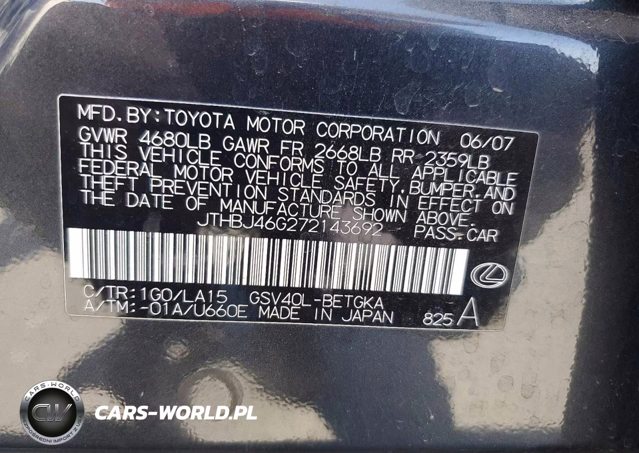 2007 Lexus Es 350 VIN:JTHBJ46G272143692 - 12