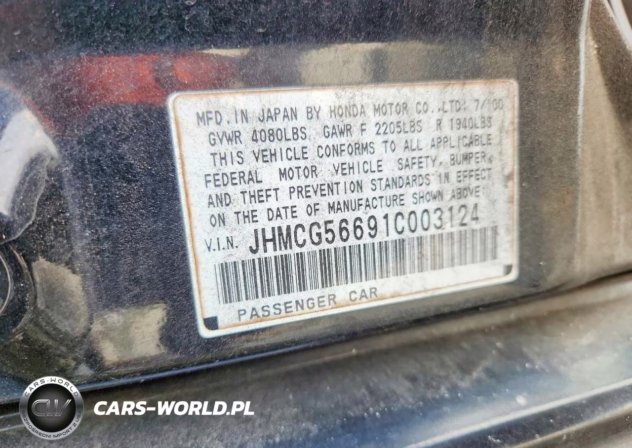 2001 Honda Accord Ex VIN:JHMCG56691C003124 - 13