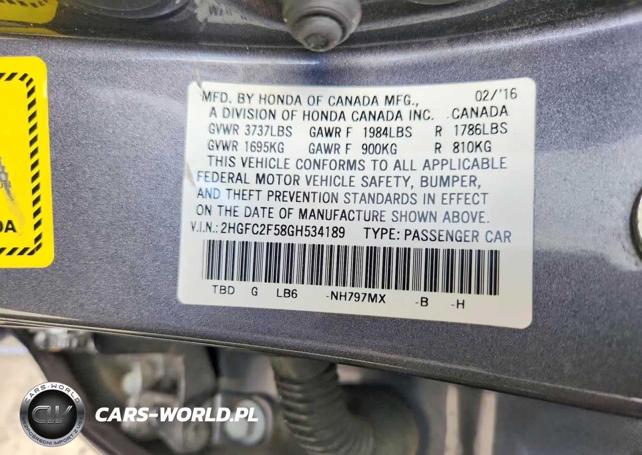 HONDA CIVIC VIN:2HGFC2F58GH534189 - 12