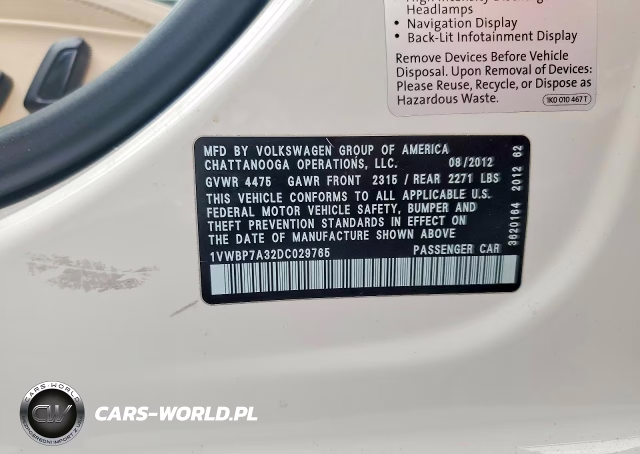2013 Volkswagen Passat Se VIN:1VWBP7A32DC029765 - 12