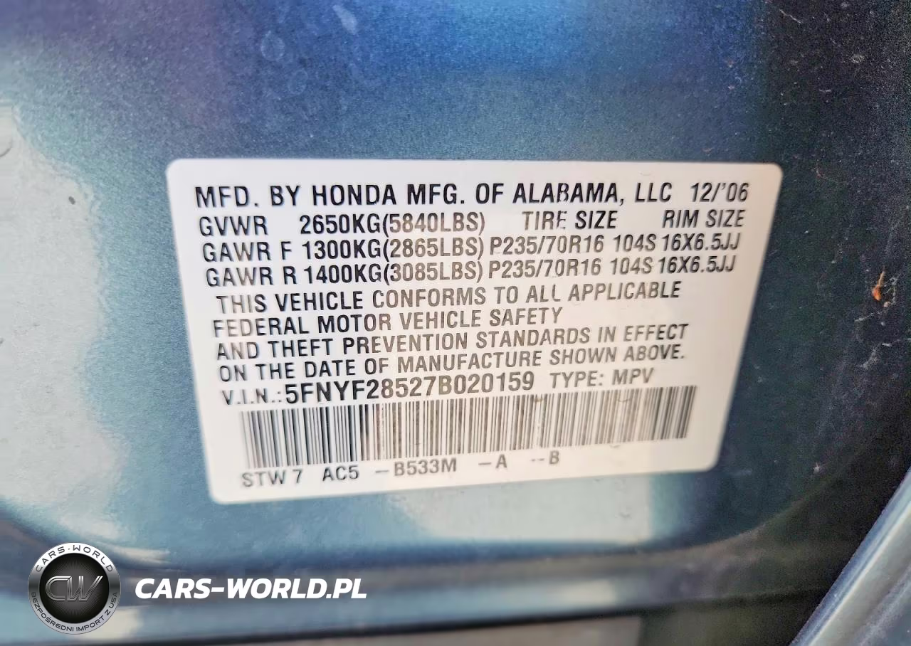 2007 Honda Pilot Exl VIN:5FNYF28527B020159 - 13