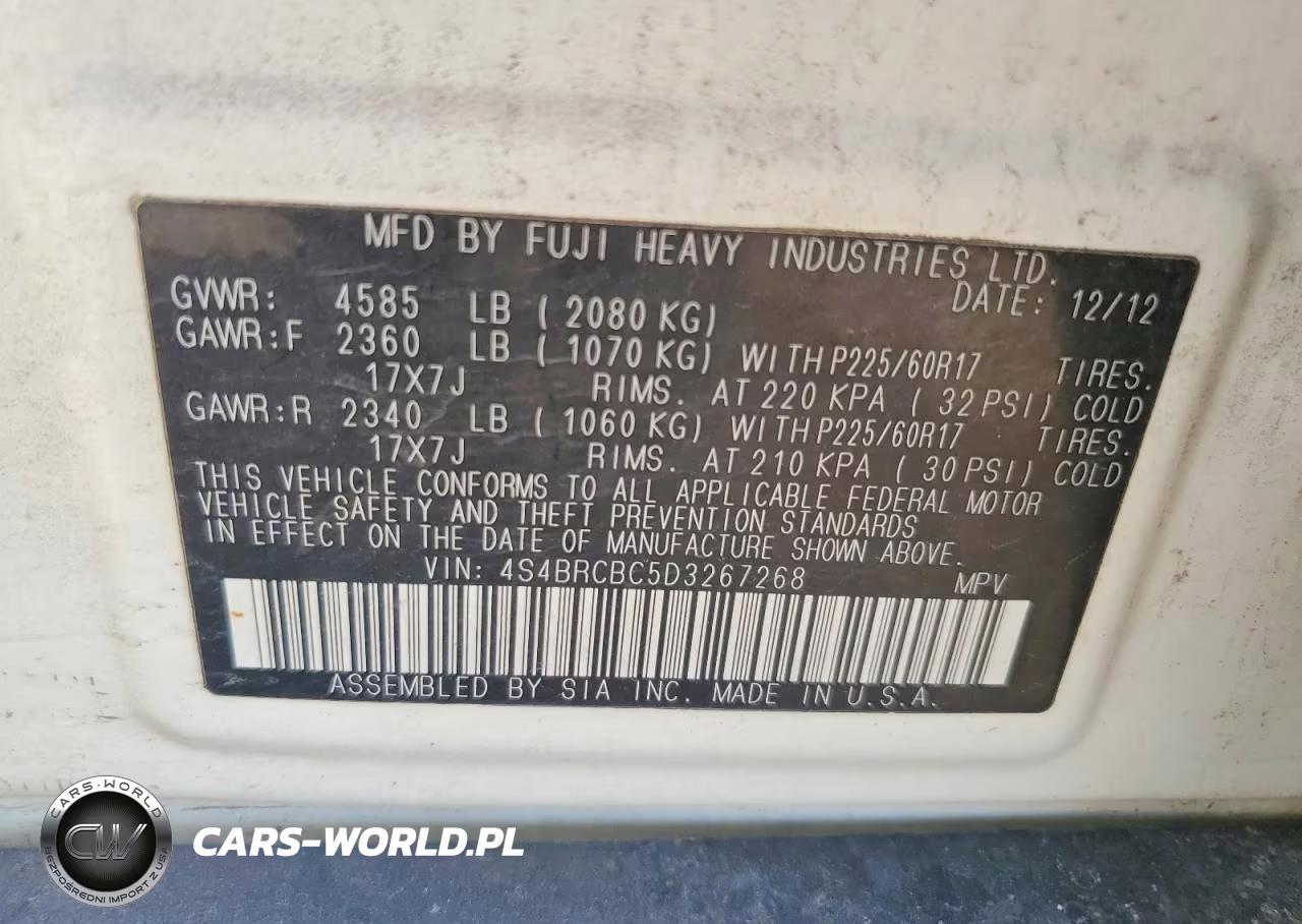 2013 Subaru Outback 2.5I Premium VIN:4S4BRCBC5D3267268 - 12