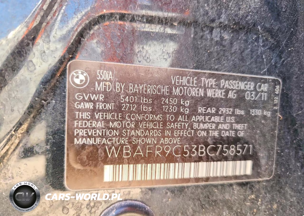 2011 BMW 550 I VIN:WBAFR9C53BC758571 - 12