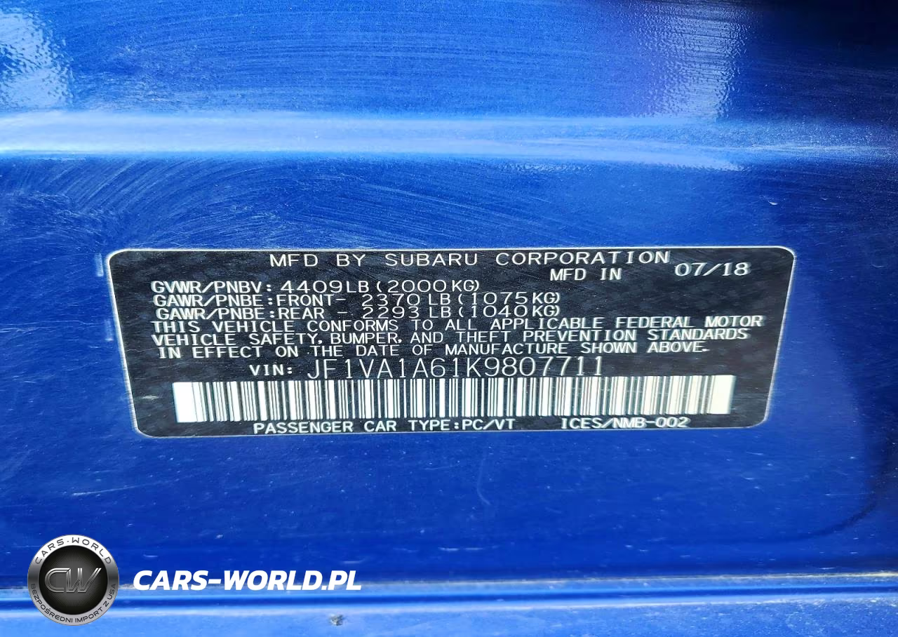 2019 Subaru Wrx VIN:JF1VA1A61K9807711 - 12