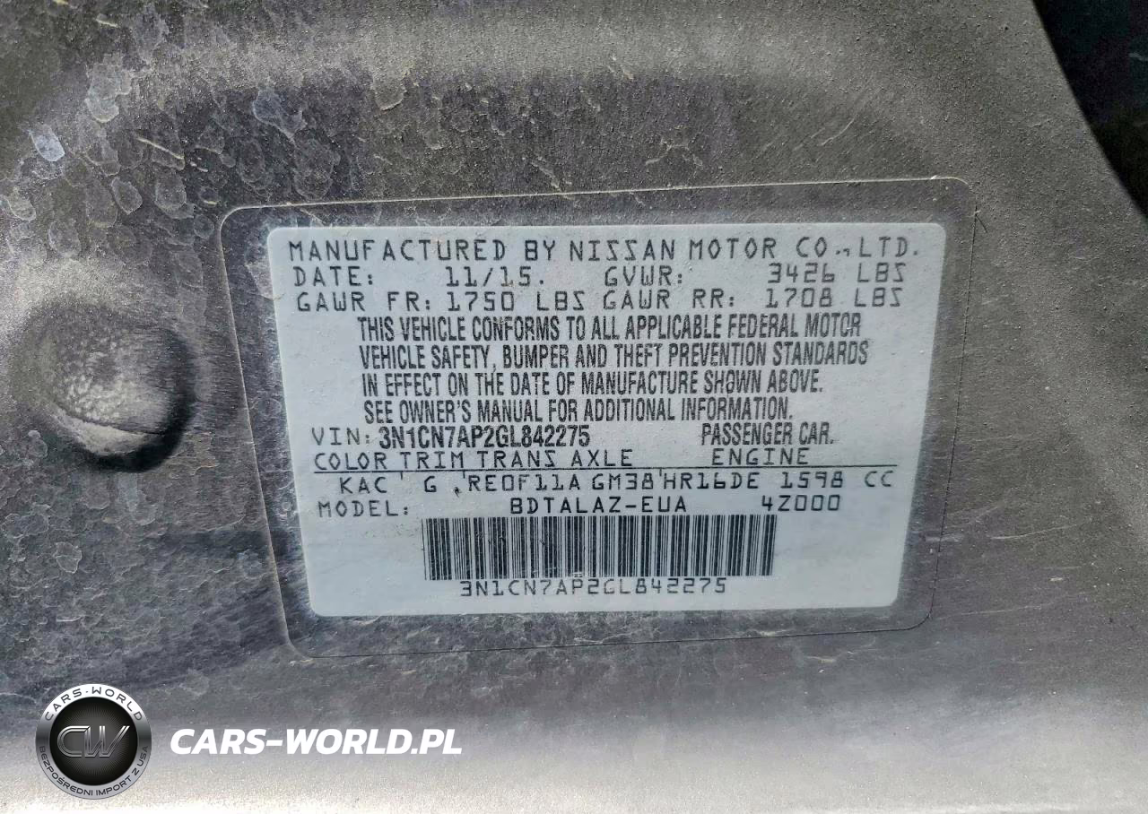 2016 Nissan Versa 1.6 S Plus VIN:3N1CN7AP2GL842275 - 13