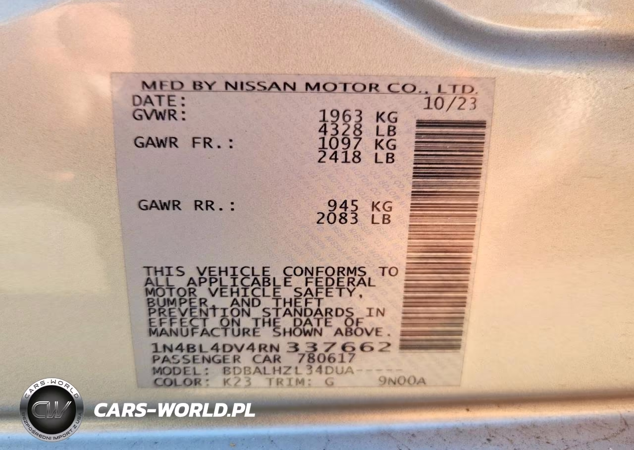2024 Nissan Altima Sv VIN:1N4BL4DV4RN337662 - 13