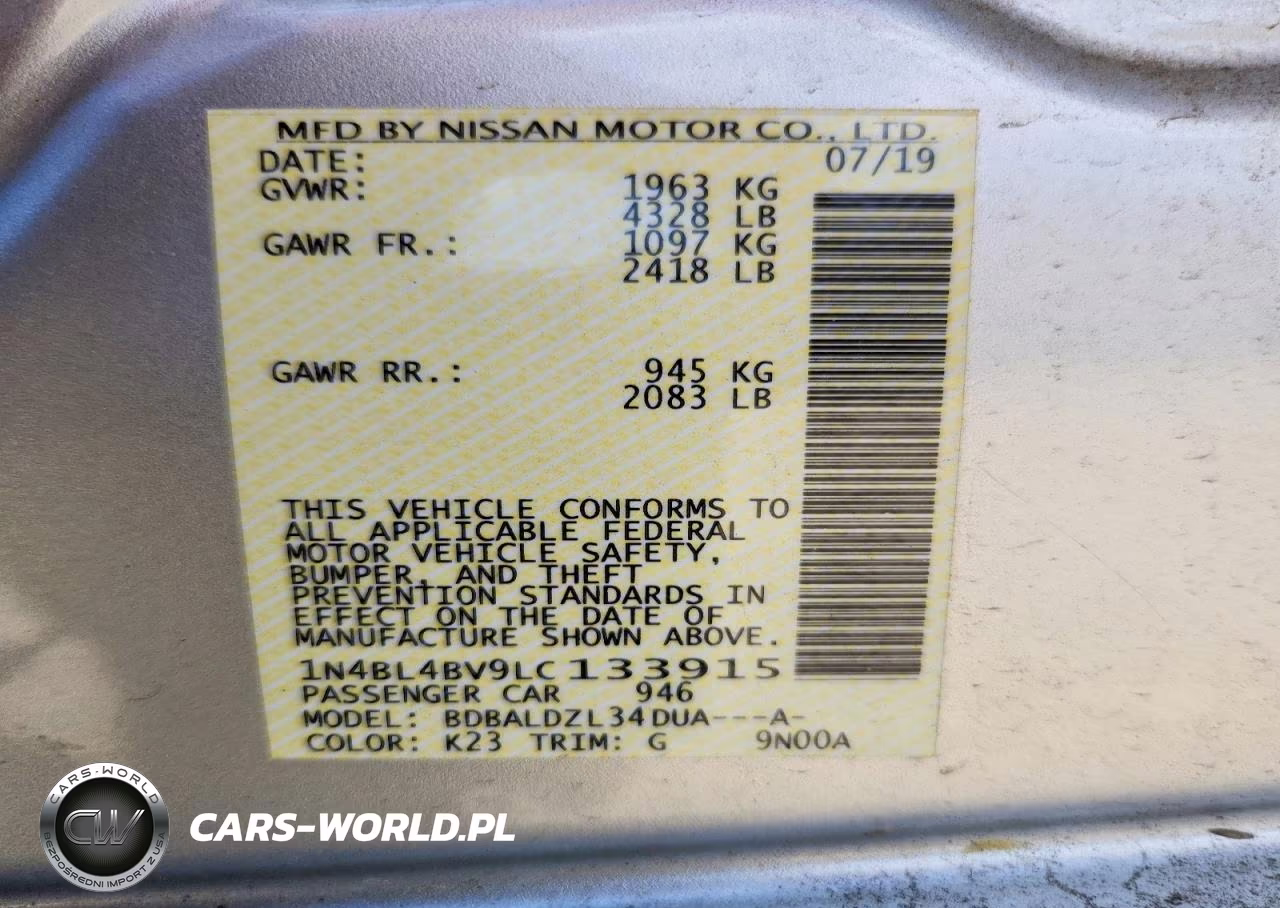 2020 Nissan Altima S VIN:1N4BL4BV9LC133915 - 12