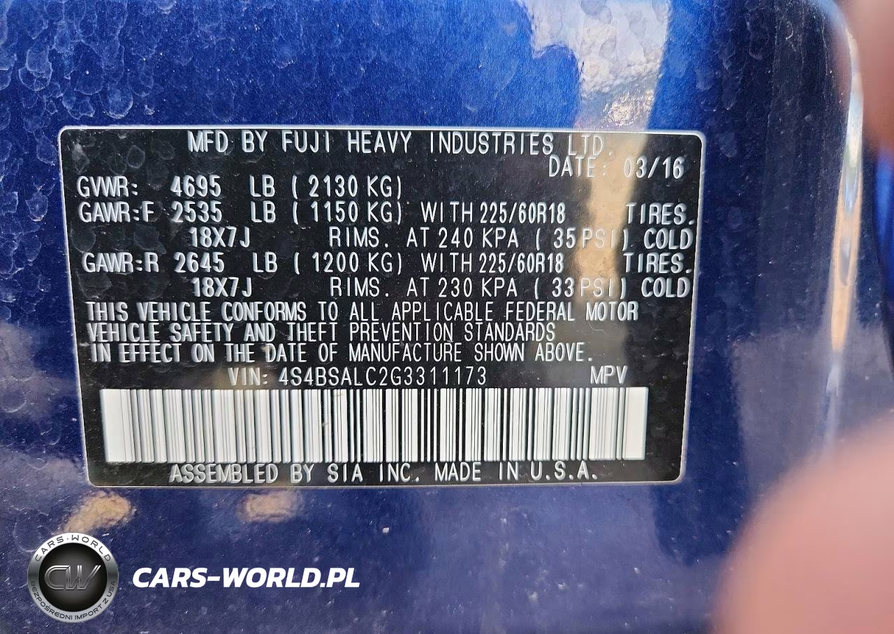 2016 Subaru Outback 2.5I Limited VIN:4S4BSALC2G3311173 - 14