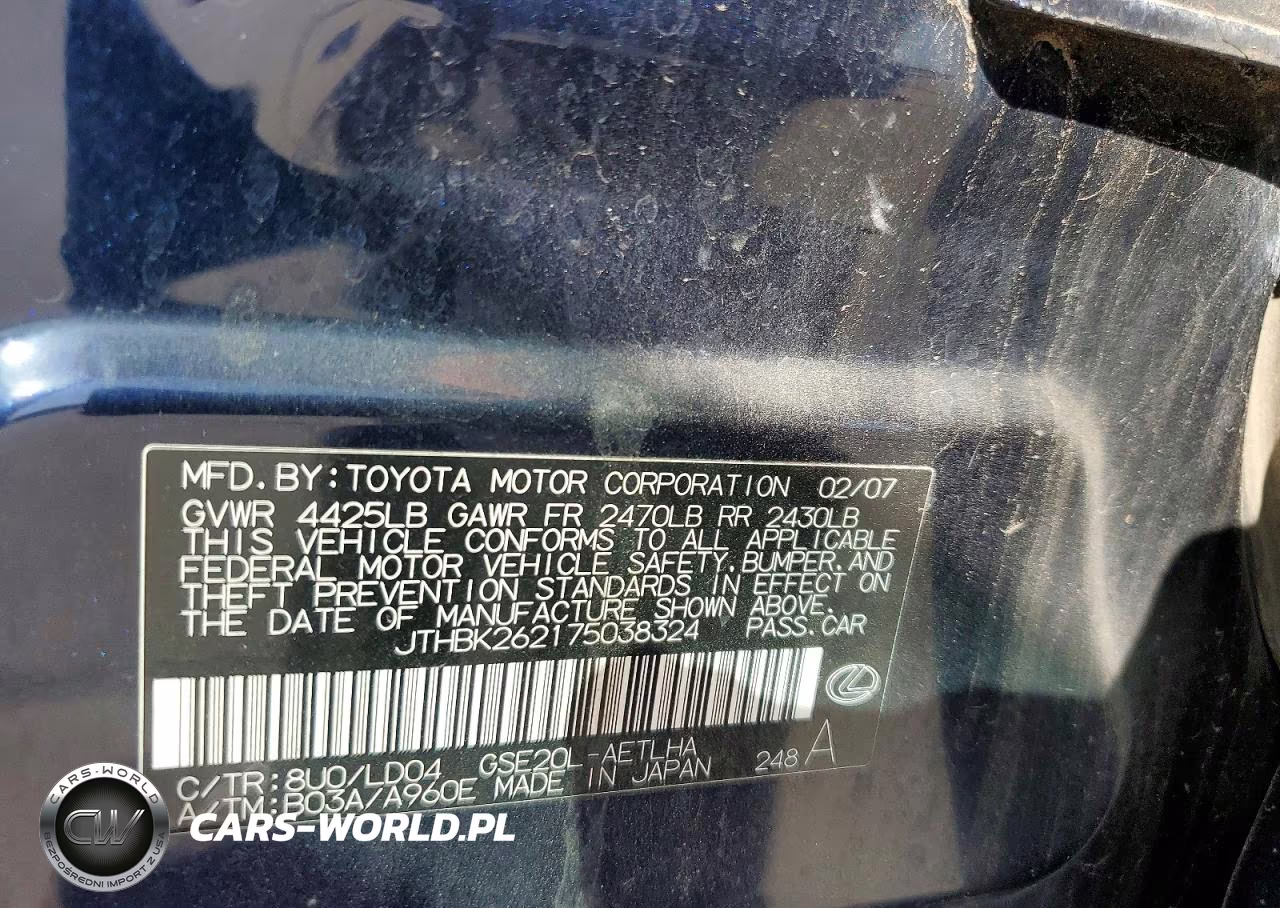 2007 Lexus Is 250 Base VIN:JTHBK262175038324 - 12