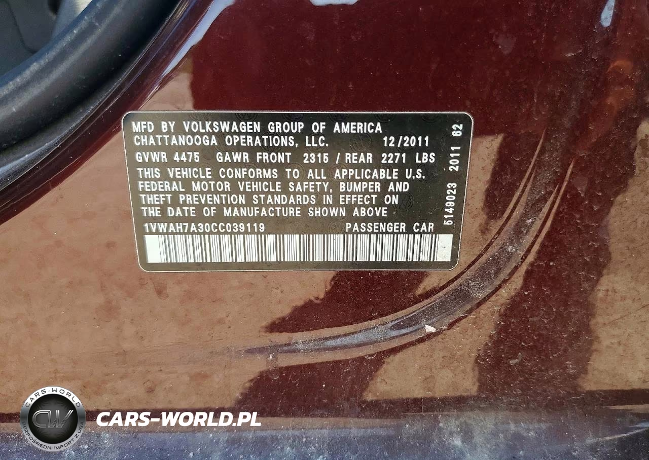 2012 Volkswagen Passat S VIN:1VWAH7A30CC039119 - 12