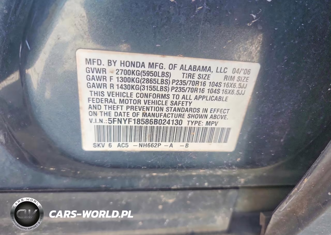 2006 Honda Pilot Ex VIN:5FNYF18586B024130 - 13