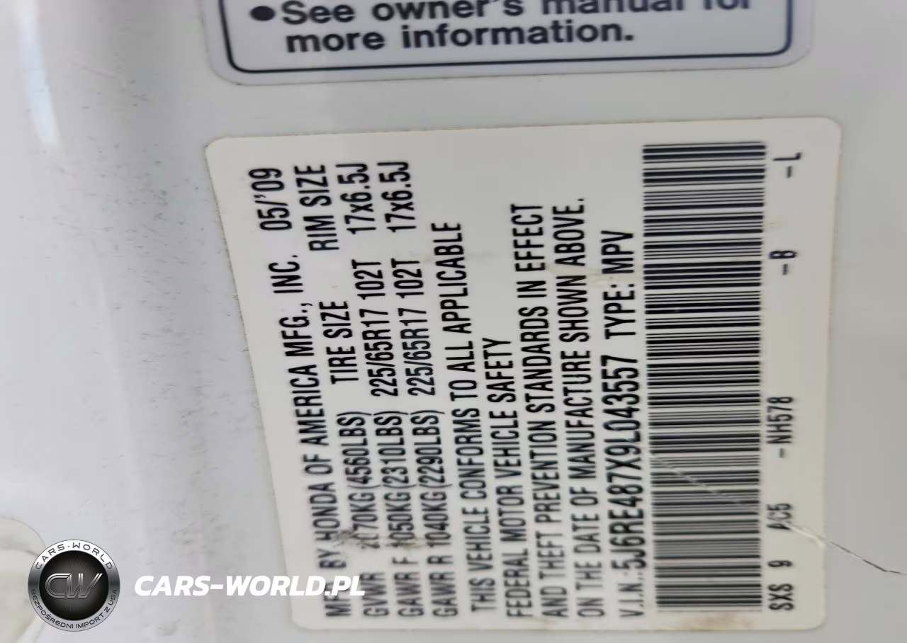 2009 Honda Cr-V Exl VIN:5J6RE487X9L043557 - 13