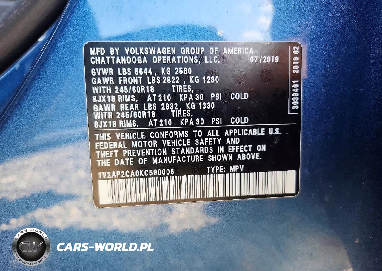 2019 Volkswagen Atlas S VIN:1V2AP2CA0KC590006 - 13