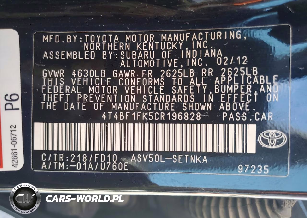 2012 Toyota Camry Le VIN:4T4BF1FK5CR196828 - 12
