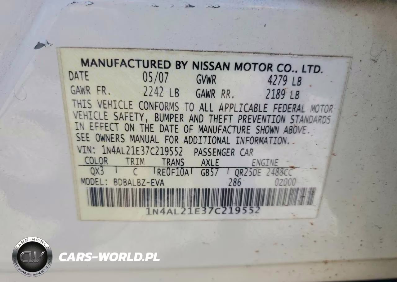 2007 Nissan Altima 2.5 VIN:1N4AL21E37C219552 - 12