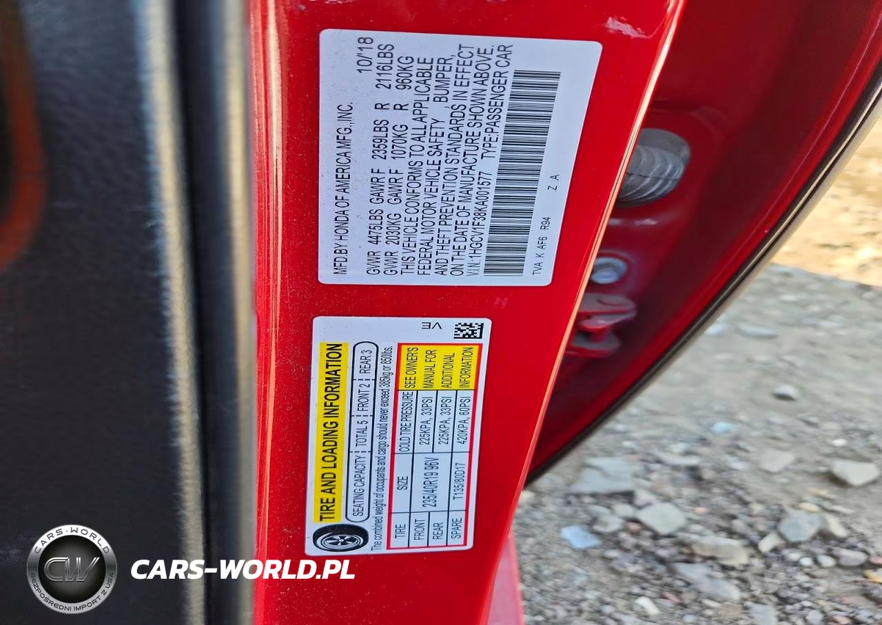 2019 Honda Accord Sport VIN:1HGCV1F38KA001577 - 13