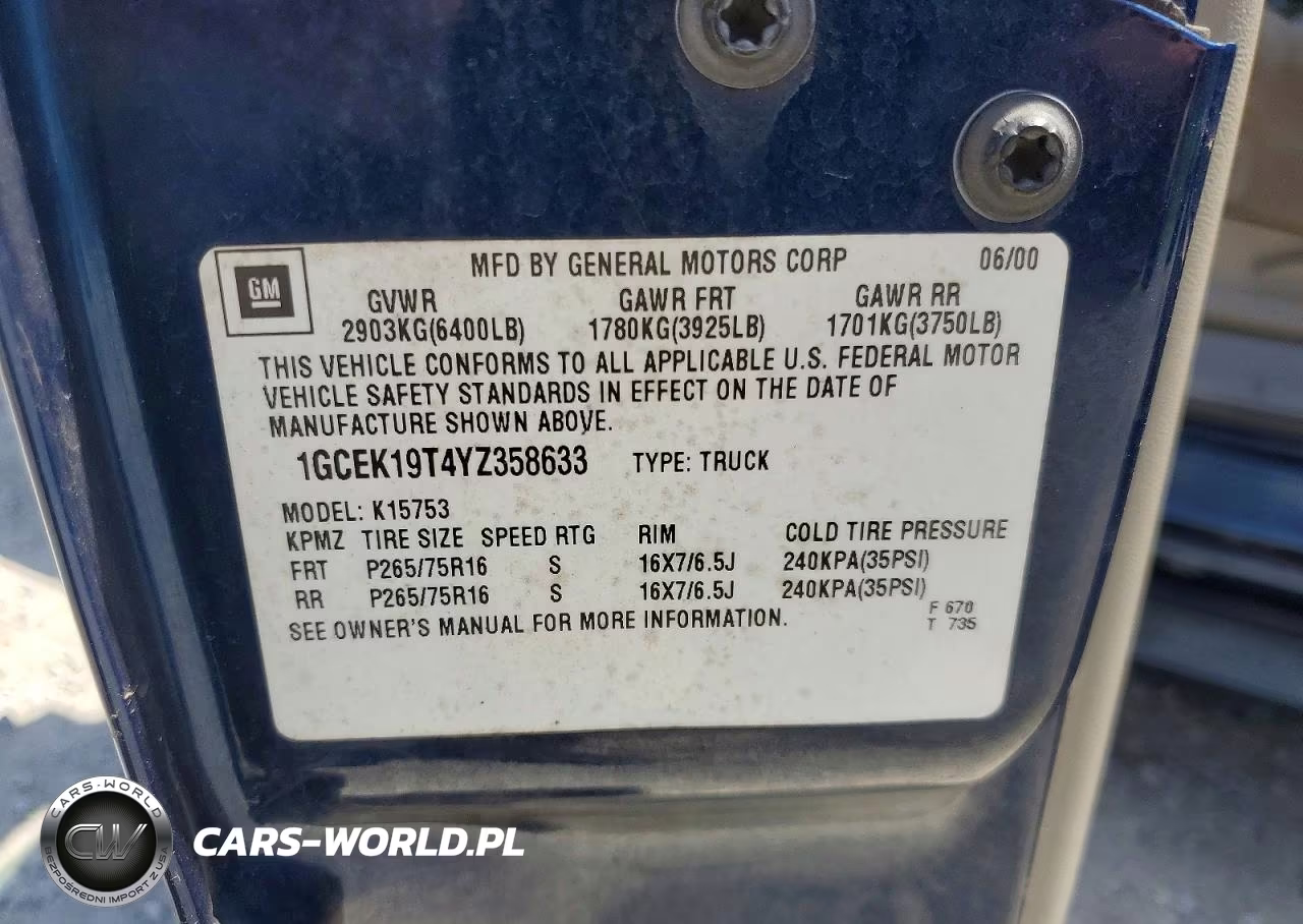 2000 Chevrolet Silverado K1500 VIN:1GCEK19T4YZ358633 - 12