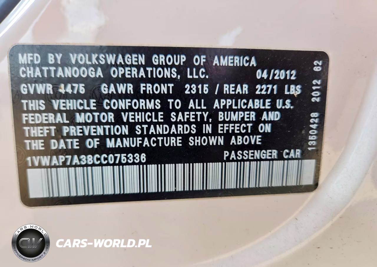 2012 Volkswagen Passat S VIN:1VWAP7A38CC075336 - 12