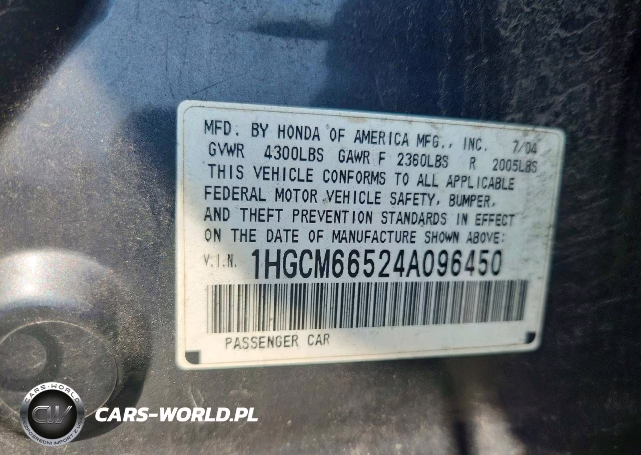 2004 Honda Accord Ex VIN:1HGCM66524A096450 - 12