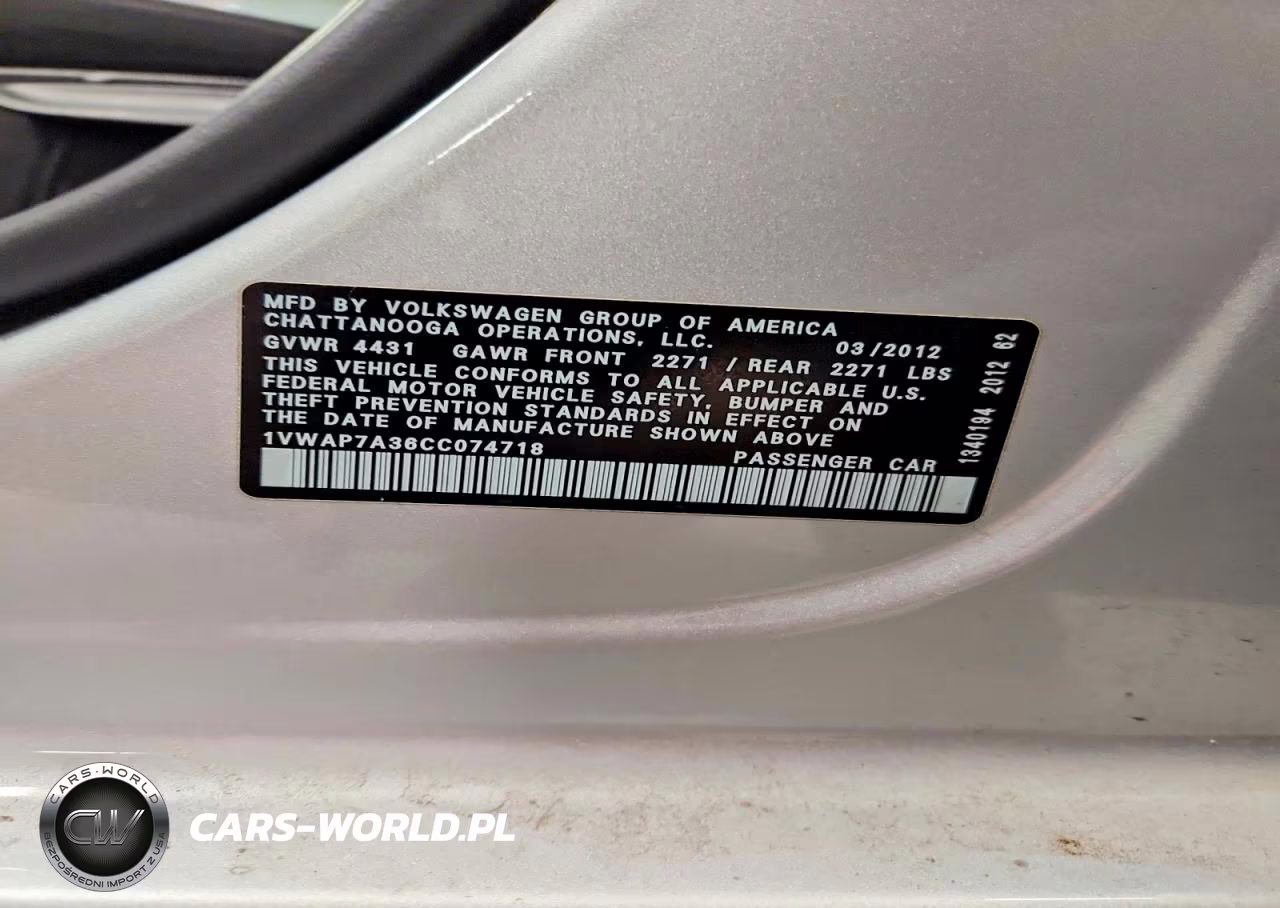 2012 Volkswagen Passat S VIN:1VWAP7A36CC074718 - 12
