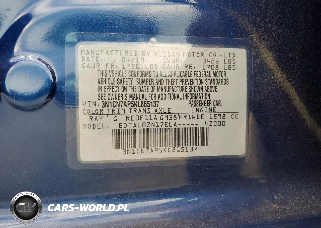2019 Nissan Versa Sv VIN:3N1CN7AP5KL865137 - 12