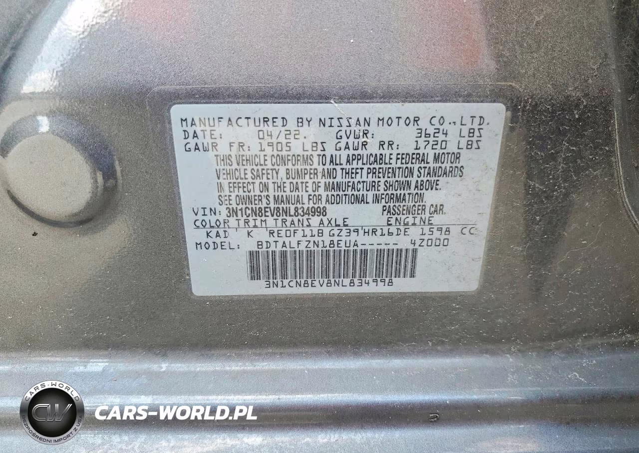 2022 Nissan Versa Sv VIN:3N1CN8EV8NL834998 - 12