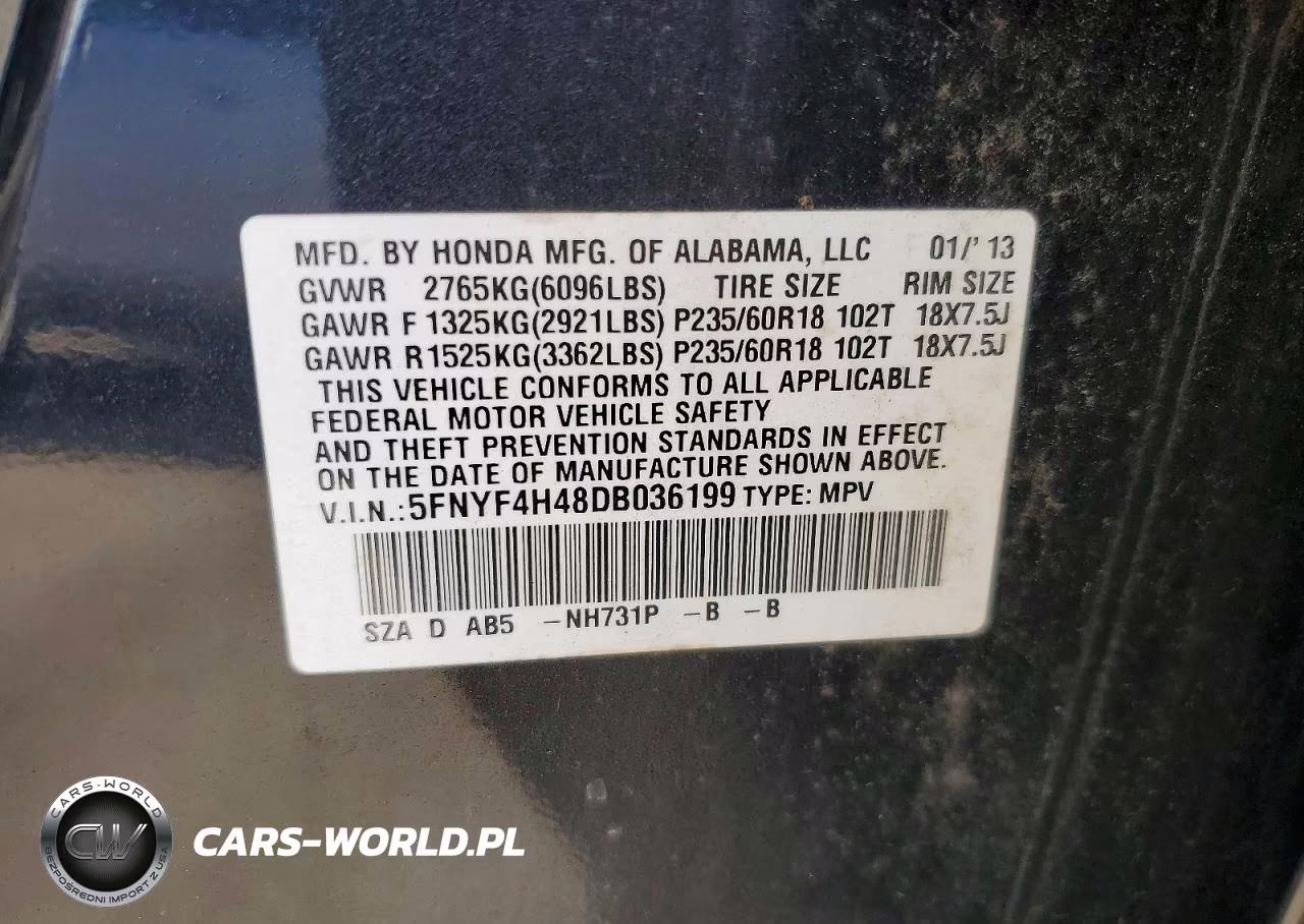 2013 Honda Pilot Ex VIN:5FNYF4H48DB036199 - 14