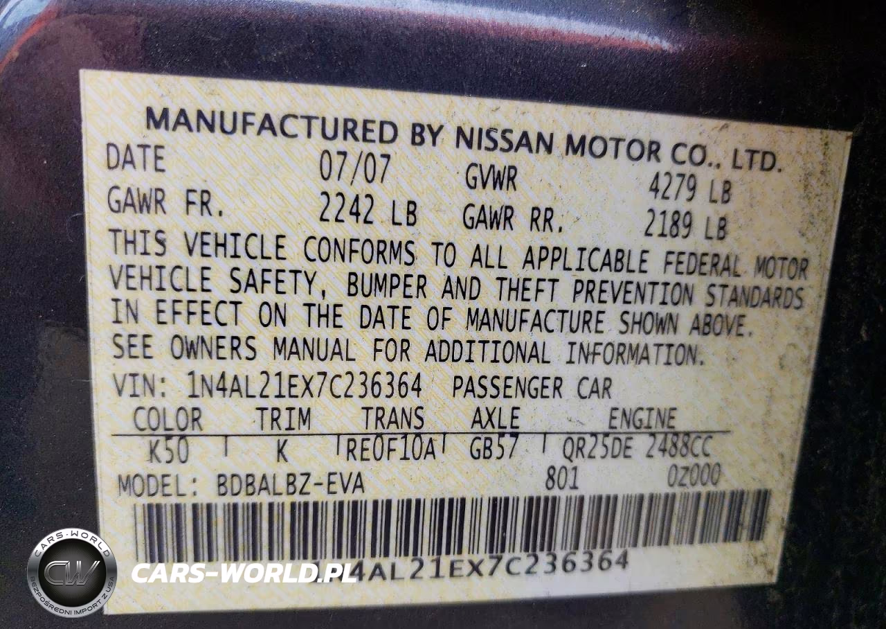 2007 Nissan Altima 2.5 VIN:1N4AL21EX7C236364 - 12
