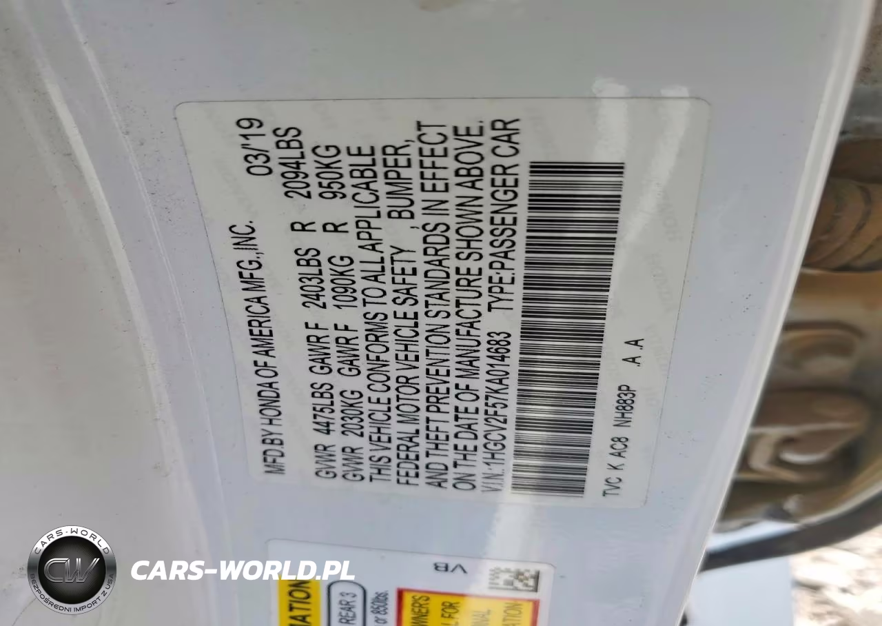 2019 Honda Accord Exl VIN:1HGCV2F57KA014683 - 12