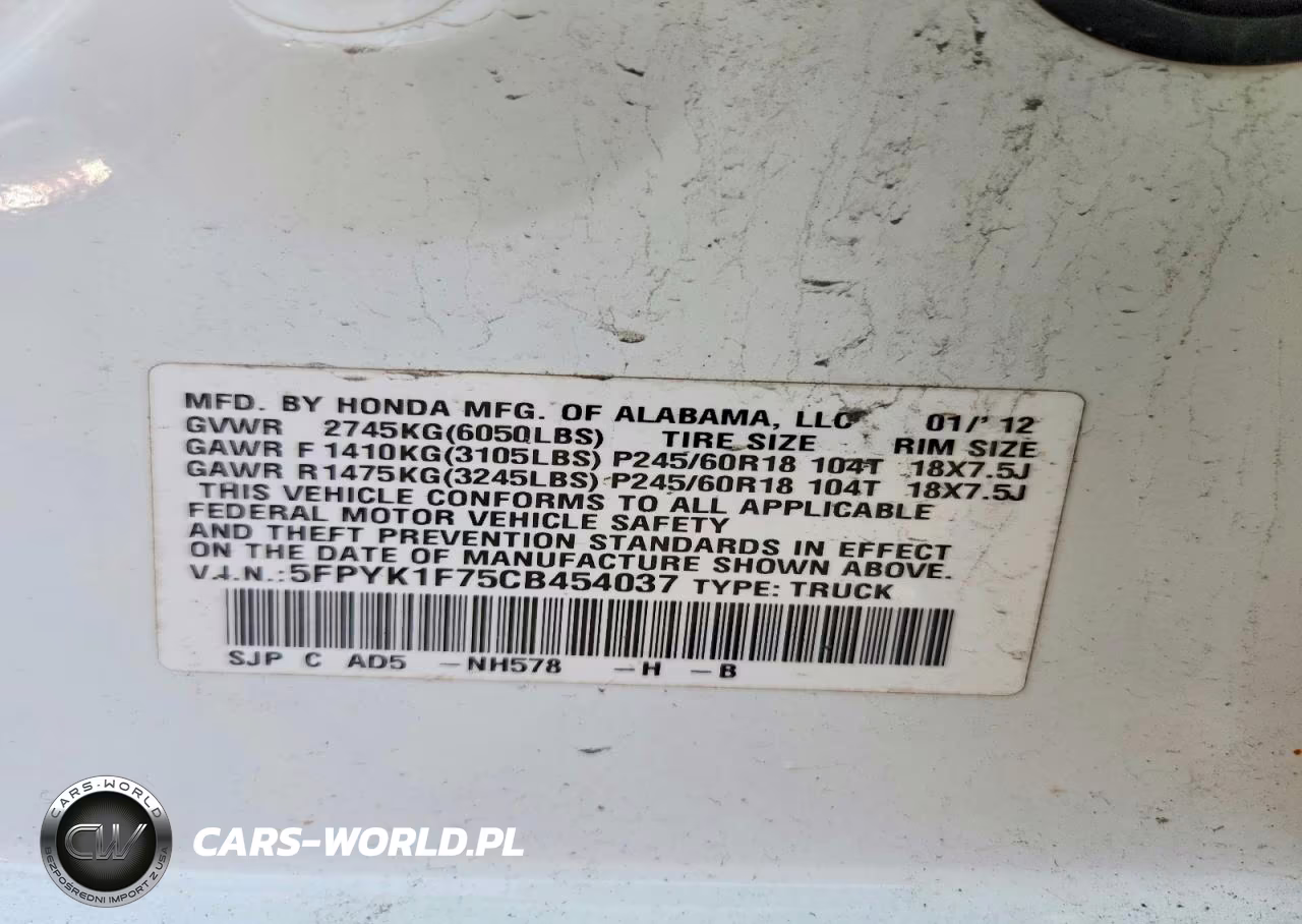 2012 Honda Ridgeline Sport VIN:5FPYK1F75CB454037 - 13
