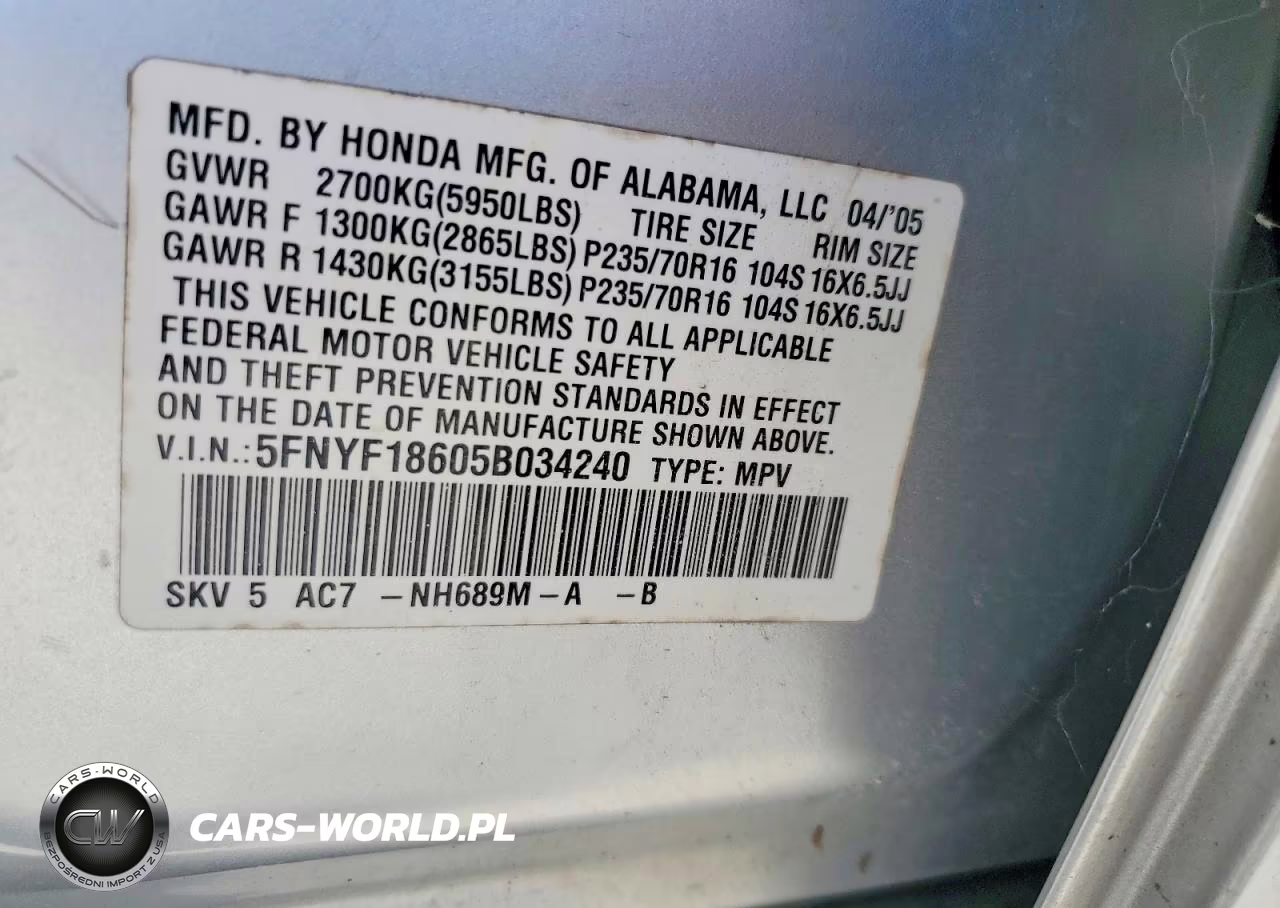 2005 Honda Pilot Exl VIN:5FNYF18605B034240 - 12