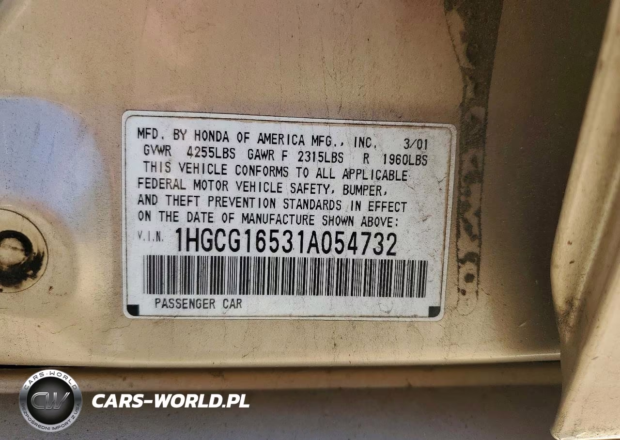 2001 Honda Accord Ex VIN:1HGCG16531A054732 - 12