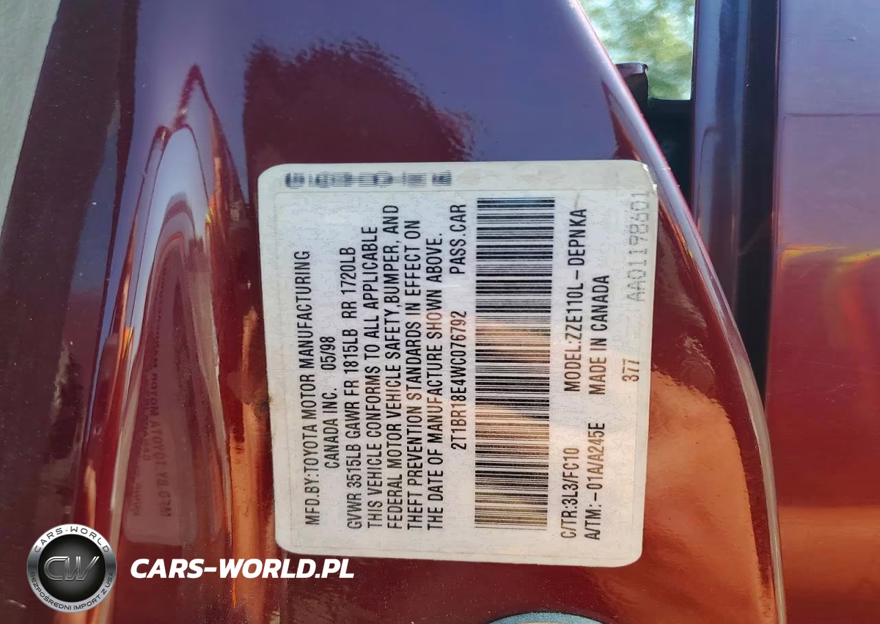 1998 Toyota Corolla Ve VIN:2T1BR18E4WC076792 - 12