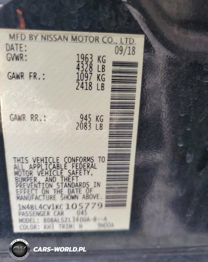 2019 Nissan Altima Sr VIN:1N4BL4CV1KC105779 - 12