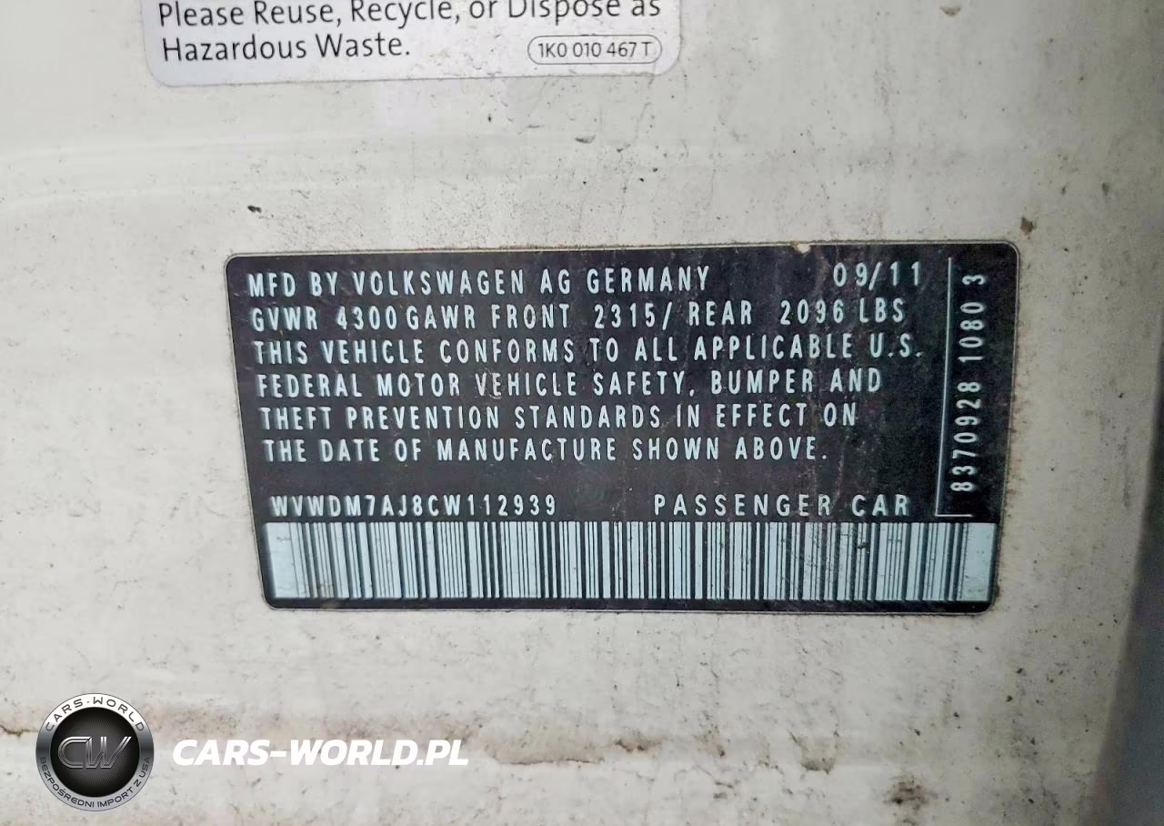 2012 Volkswagen Golf VIN:WVWDM7AJ8CW112939 - 13