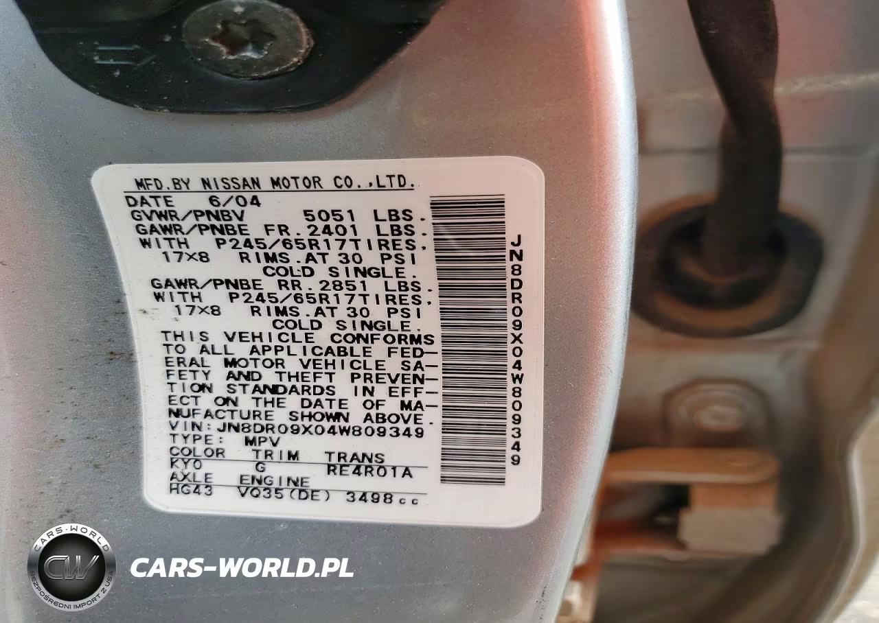 2004 Nissan Pathfinder Le Platinum VIN:JN8DR09X04W809349 - 13