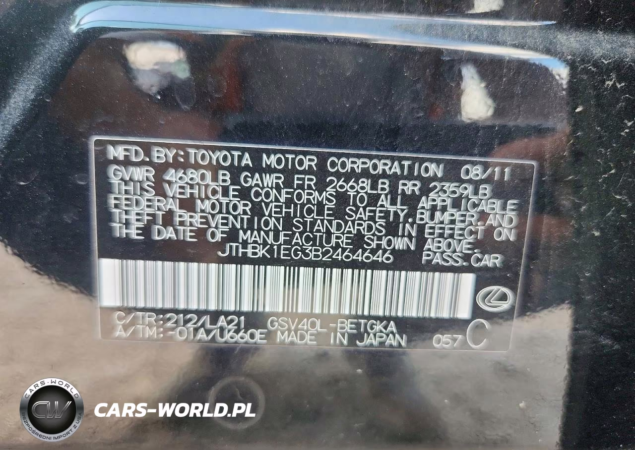 2011 Lexus Es 350 VIN:JTHBK1EG3B2464646 - 12