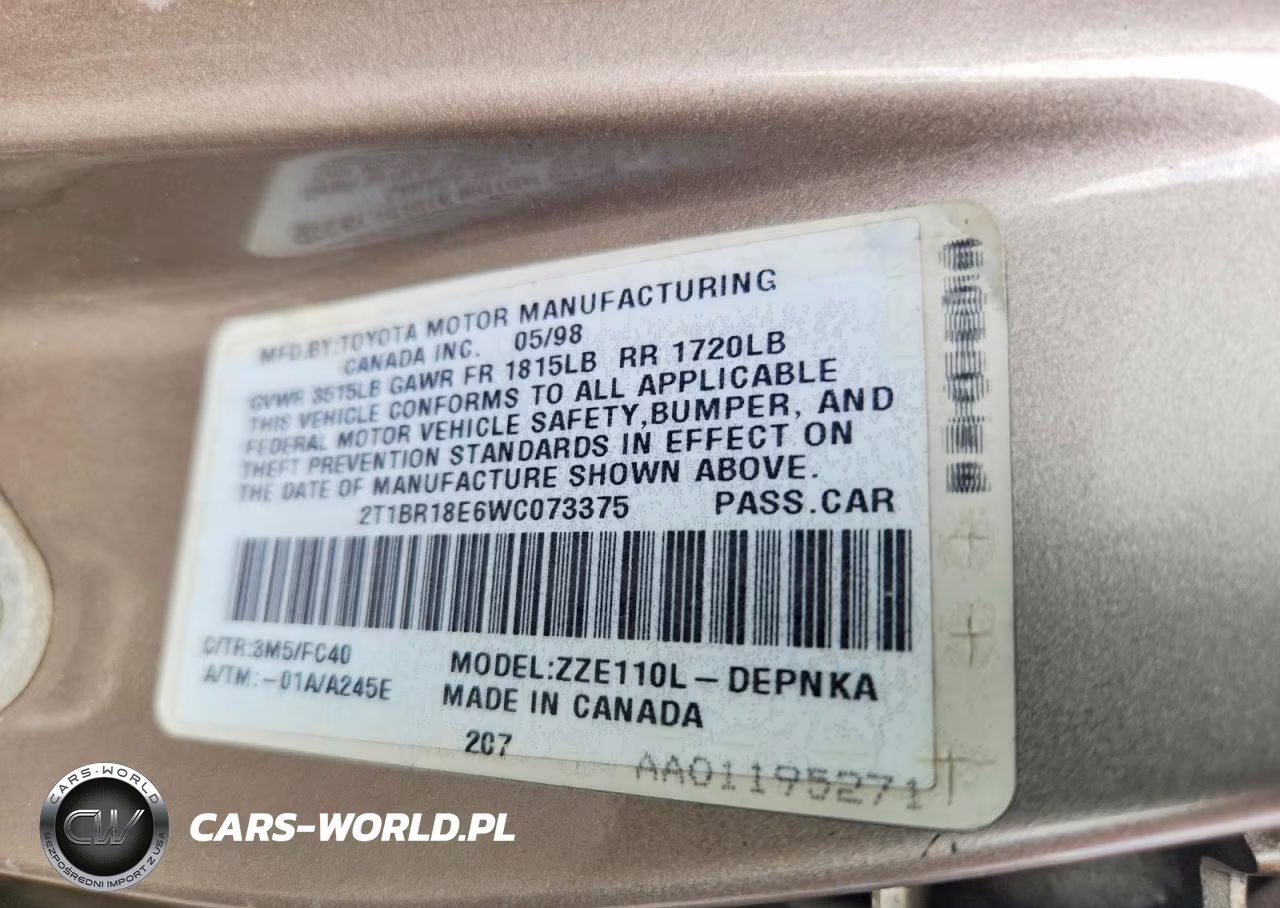 1998 Toyota Corolla Ve VIN:2T1BR18E6WC073375 - 12