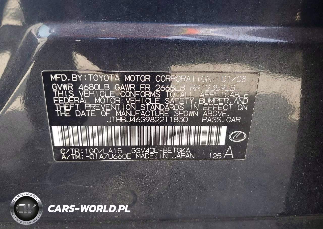 2008 Lexus Es 350 VIN:JTHBJ46G982211830 - 12