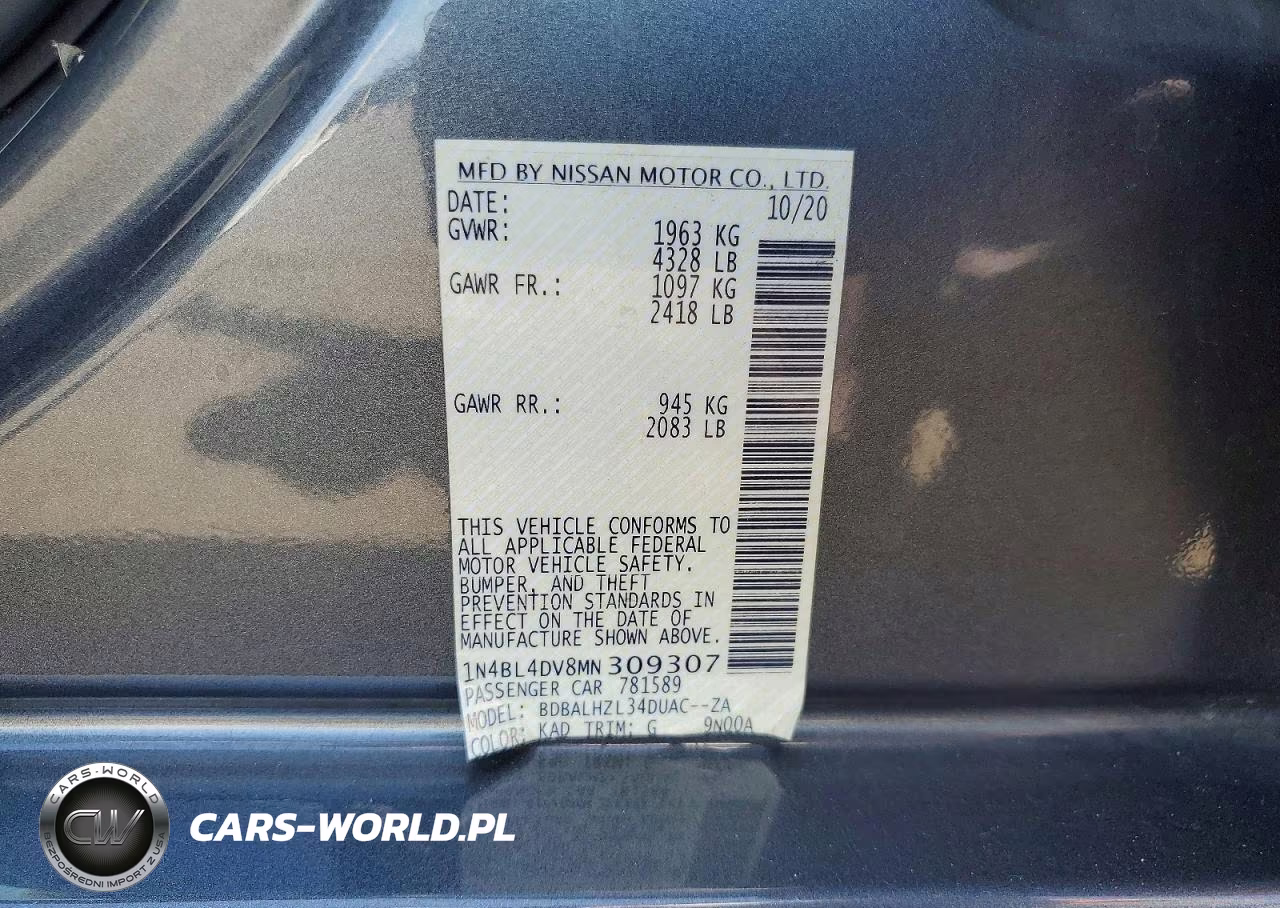 2021 Nissan Altima Sv VIN:1N4BL4DV8MN309307 - 12