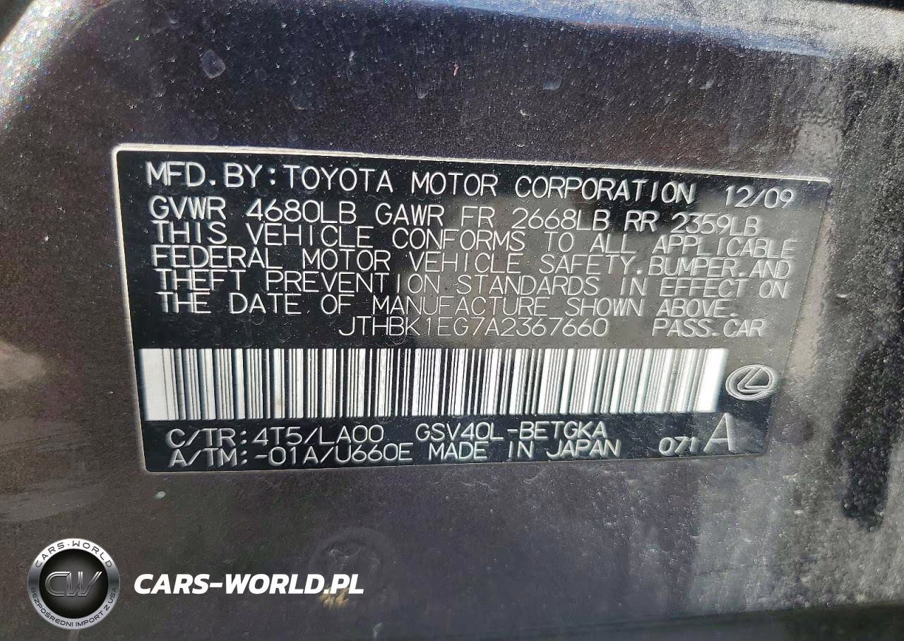 2010 Lexus Es 350 VIN:JTHBK1EG7A2367660 - 13