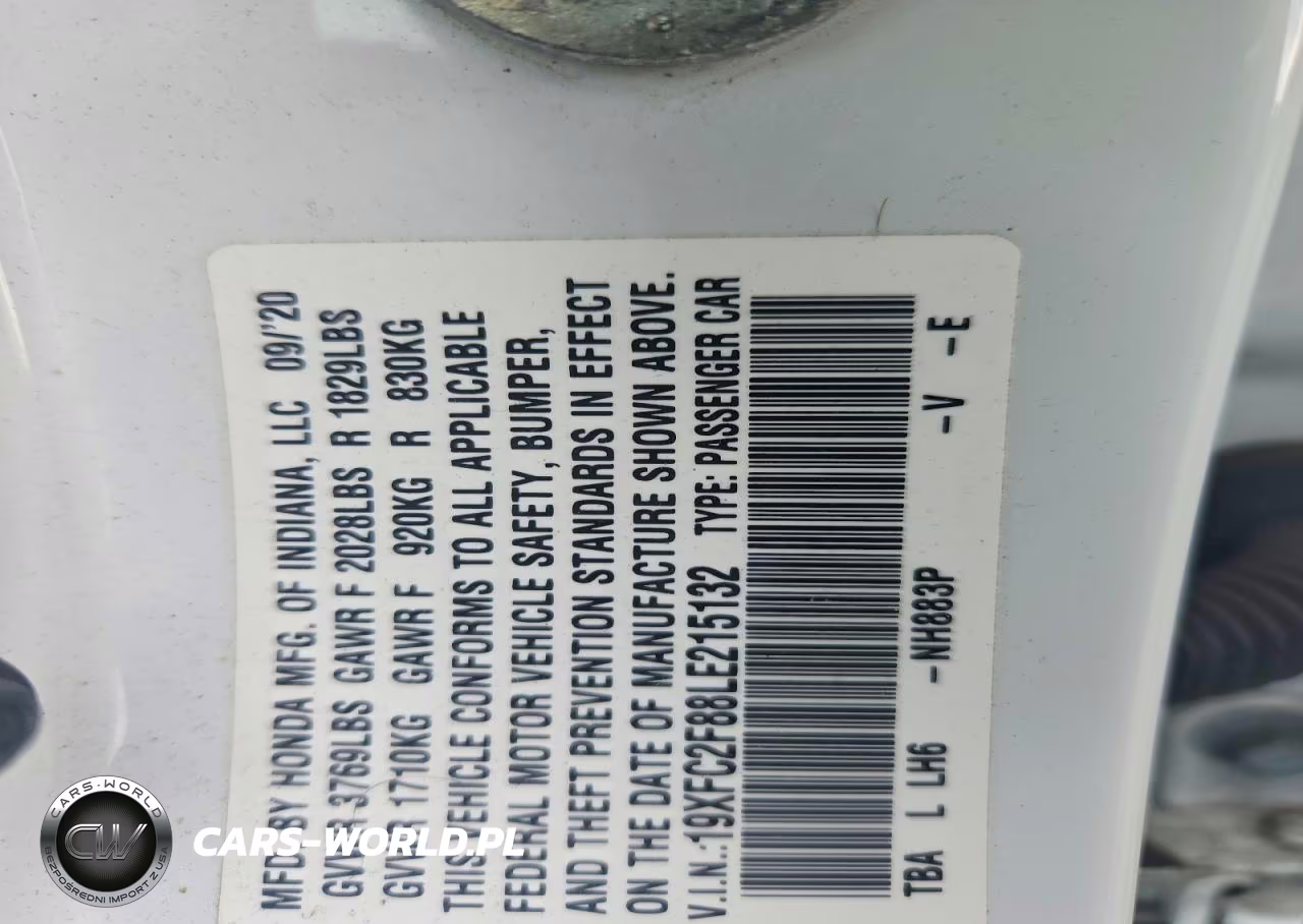 2020 Honda Civic Sport VIN:19XFC2F88LE215132 - 12