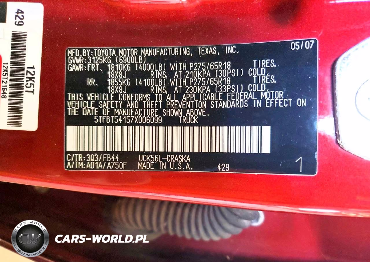 2007 Toyota Tundra Sr5 VIN:5TFBT54157X006099 - 12