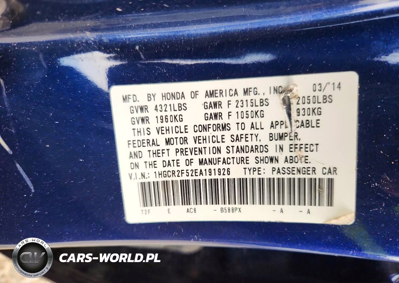 2014 Honda Accord Sport VIN:1HGCR2F52EA191926 - 12
