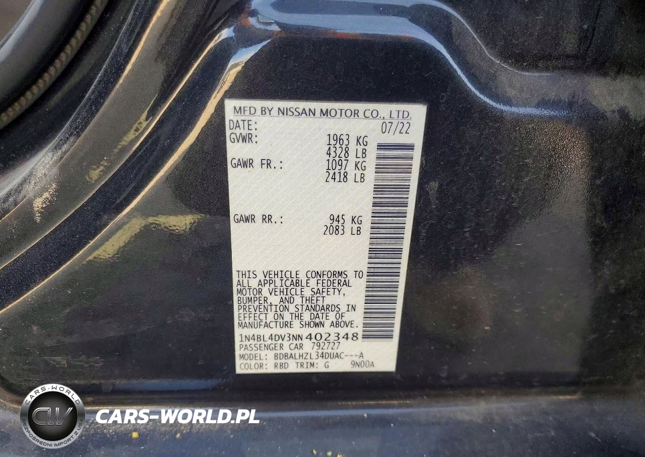 2022 Nissan Altima Sv VIN:1N4BL4DV3NN402348 - 13