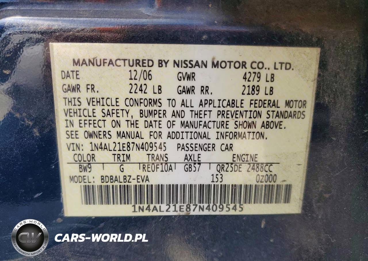 2007 Nissan Altima 2.5 VIN:1N4AL21E87N409545 - 12