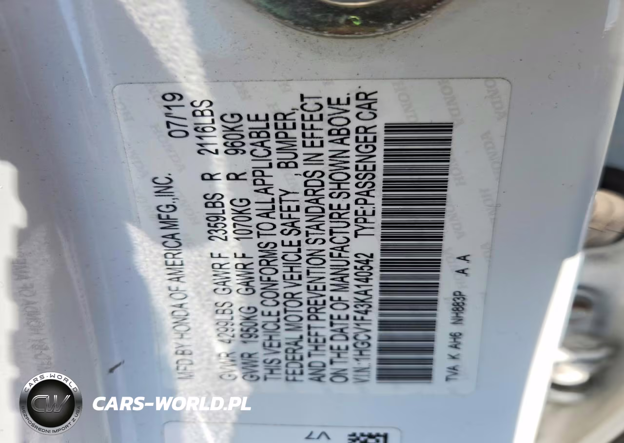 2019 Honda Accord Ex VIN:1HGCV1F43KA140542 - 13