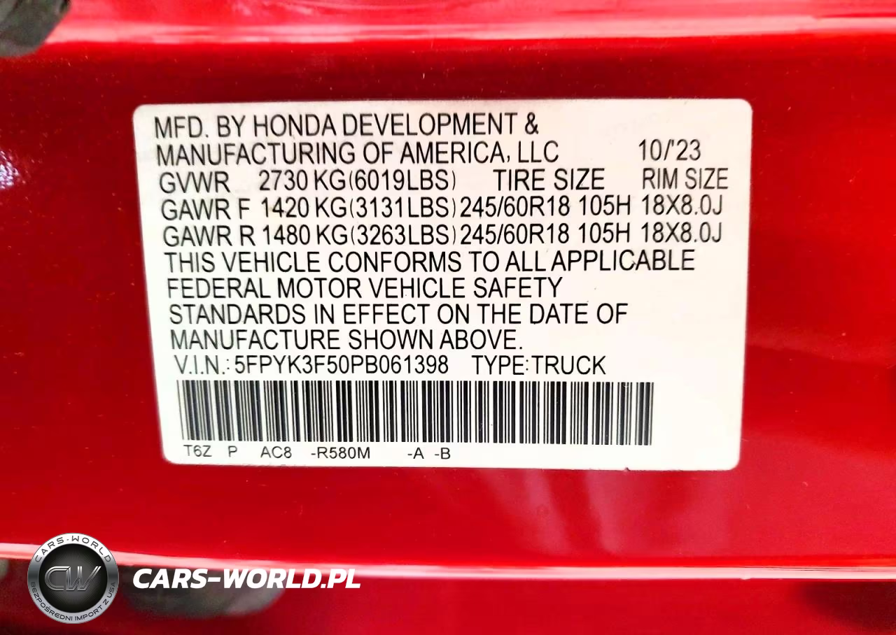 2023 Honda Ridgeline Rtl VIN:5FPYK3F50PB061398 - 12