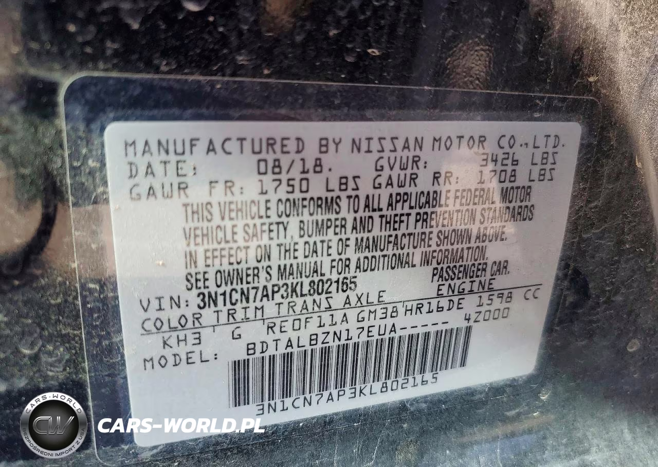 2019 Nissan Versa Sv VIN:3N1CN7AP3KL802165 - 12